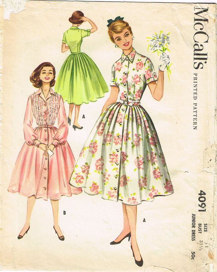 1950s Vintage McCalls Sewing Pattern 4091 Junior Misses Shirtwaist Dre ...