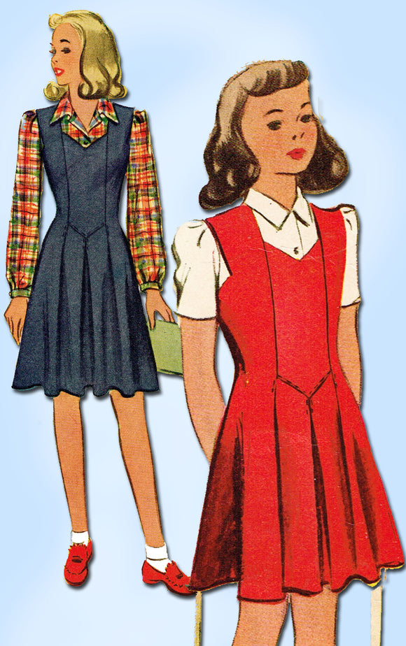 1940s Vintage McCall Sewing Pattern 4414 WWII Girls Jumper Dress Blouse Size 10 - Vintage4me2