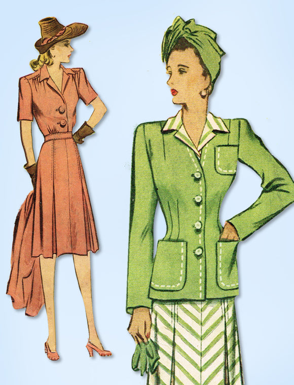 1940s Original Vintage McCall Pattern 4643 WWII Misses Dress & Jacket Sz 32 Bust