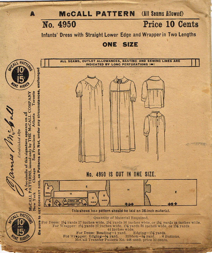 1910s Vintage McCall Sewing Pattern 4950 FF Infants Christening Dress ...