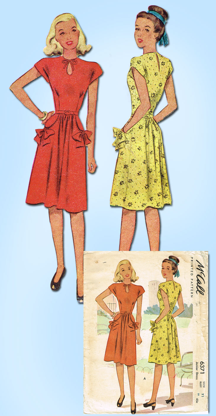 1940s Vintage McCall Sewing Pattern 6371 Junior Misses Keyhole Dress Size  29 Bust