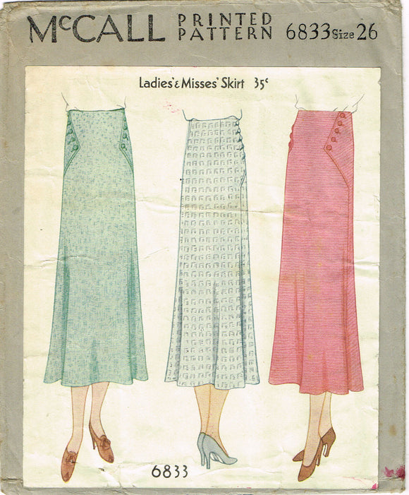 McCall 6833: 1930s Stylish Women's Skirt Size 26 Waist Vintage Sewing Pattern