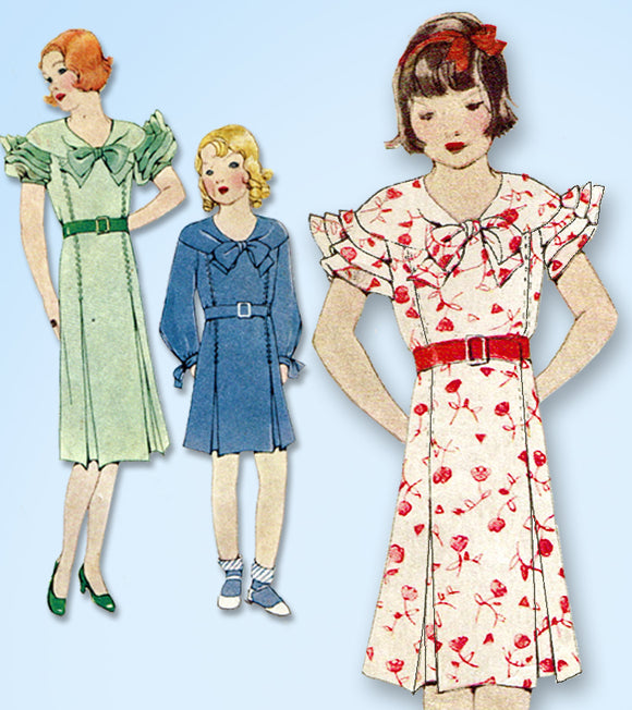 1930s Original Vintage McCall Sewing Pattern 7416 Girls Ruffled Party Dress Sz 8