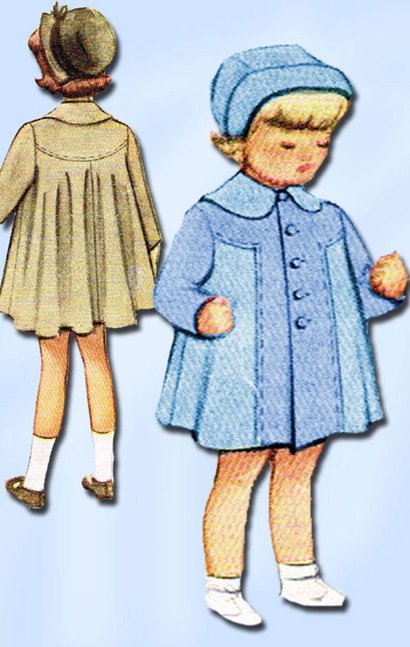 1940s Vintage McCalls Sewing Pattern 7547 Toddler Girls Swingback Coat Size 3