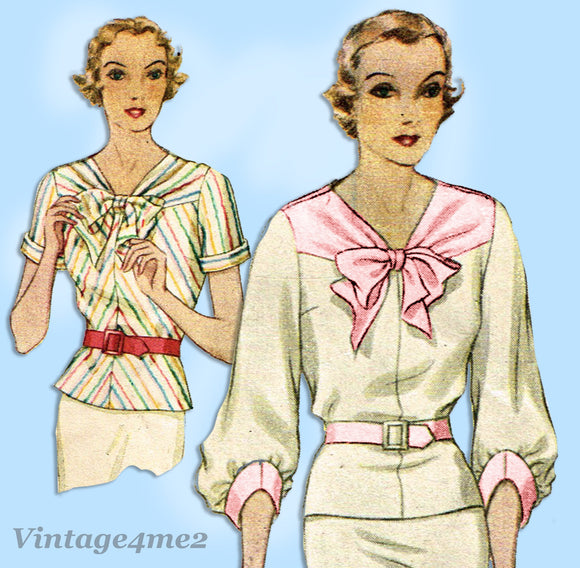 McCall 7785: 1930s Misses Bias Cut Blouse Size 38 Bust Vintage Sewing Pattern