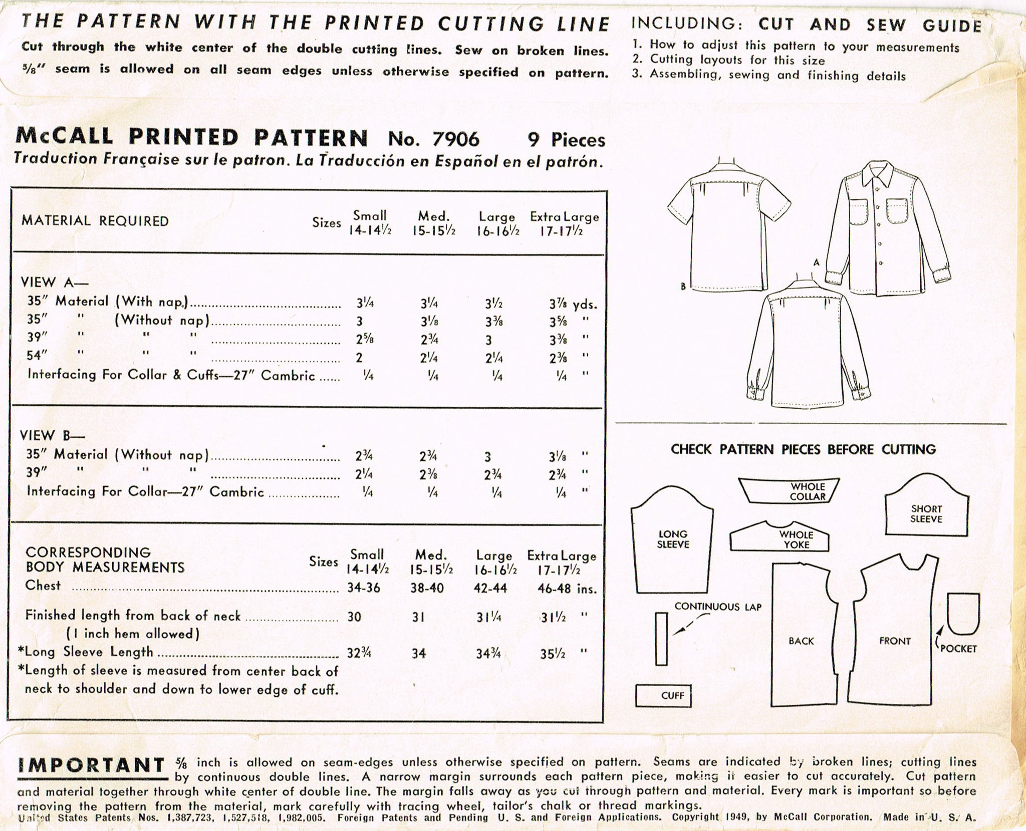McCall's 7906: 1940s Men's Sports Shirt Sz SM Vintage Sewing