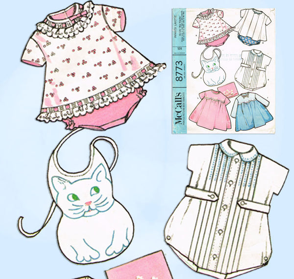 1960s Vintage McCall's Sewing Pattern 8773 Cute Infant Layette Set w Rompers Bib-vintage4me2