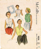 1950s Vintage McCalls Sewing Pattern 9028 Misses Sleeveless Summer Blouse Sz 30B