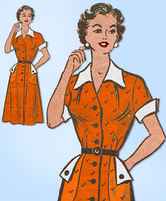 1950s Original Vintage Marian Martin Pattern 9030 Misses Shirtwaist Dress Sz 38B