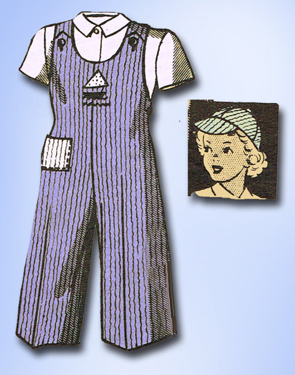 1940s Original Vintage Marian Martin Pattern 9391 Girls Overalls Jacket Hat Sz 8