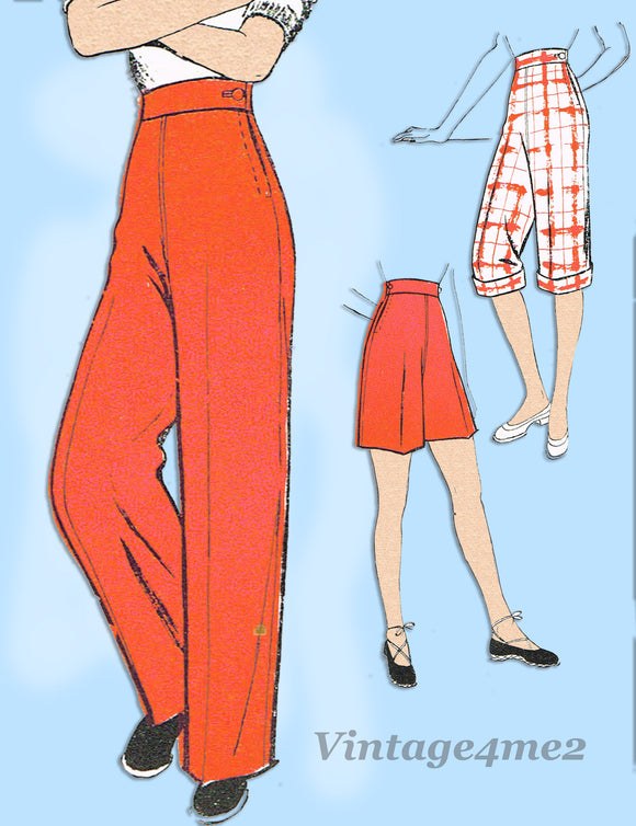 New York 100: 1940s Misses Plus Size Slacks Sz 32 Waist Vintage Sewing Pattern