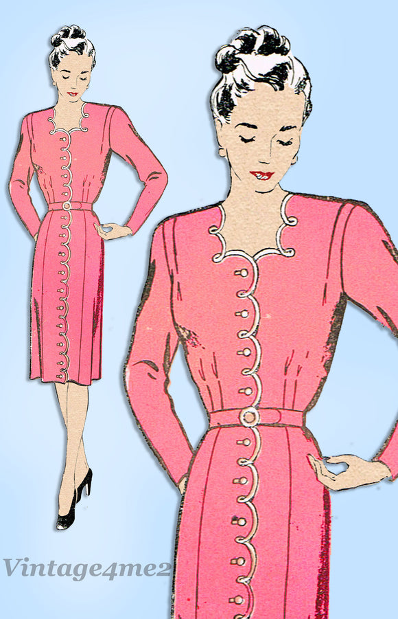 New York 117: 1940s Misses Scalloped Dress Size 38 Bust Vintage Sewing Pattern