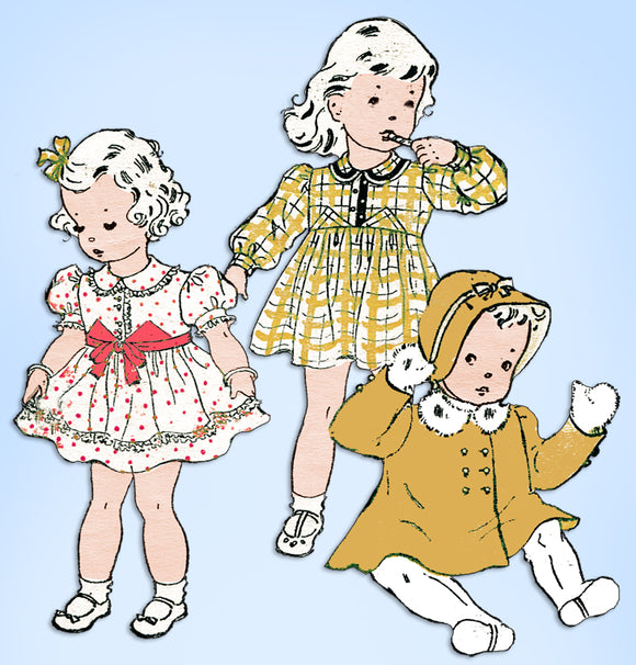 1940s Original Vintage New York Pattern 1379 Baby Girls Dress Coat Bonnet Size 1