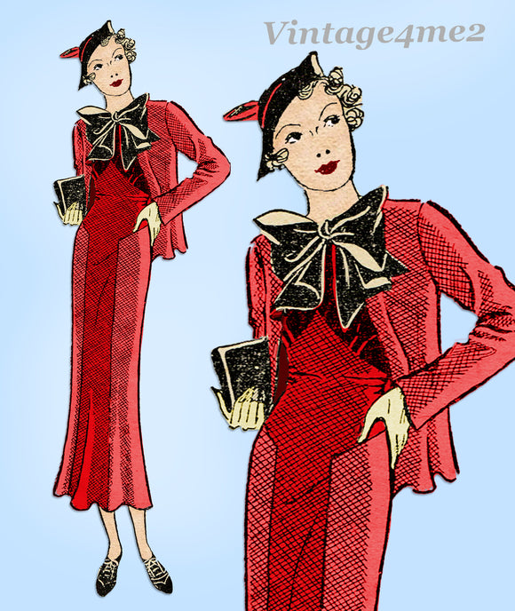 New York 3052: 1930s Uncut Misses Dress & Jacket Sz 34 B Vintage Sewing Pattern