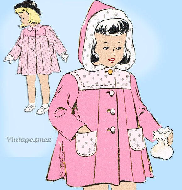 New York 314: 1940s Cute Toddler Girls Coat w Hood Size 4 Vintage Sewing Pattern