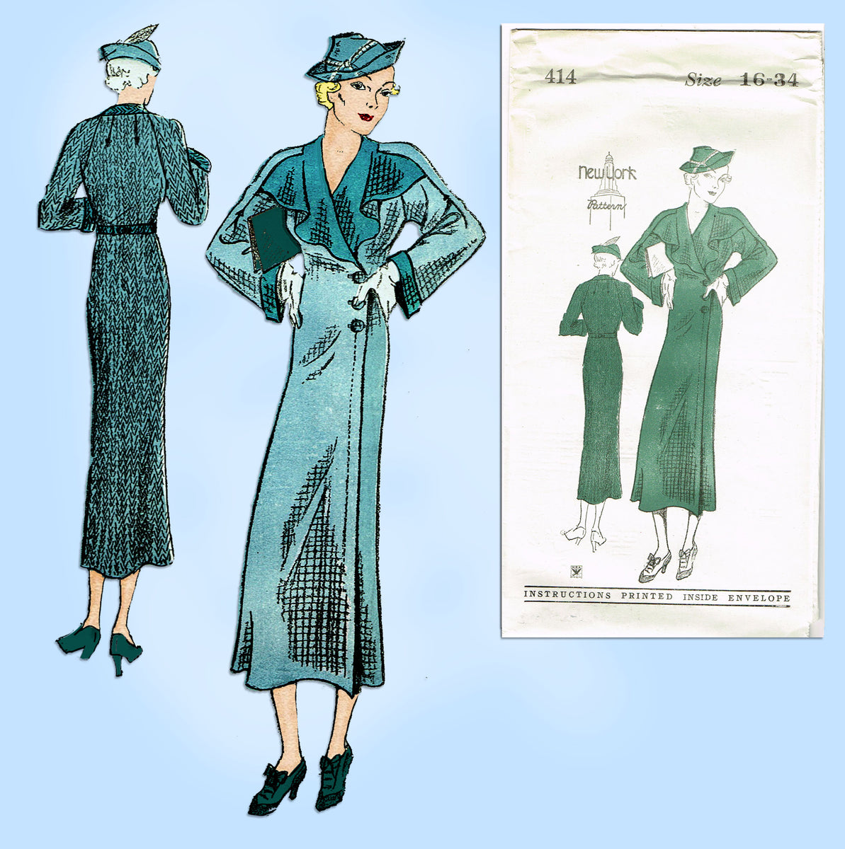 New York 414: 1930s Uncut Misses Slender Coat Sz 34 B Vintage Sewing P ...
