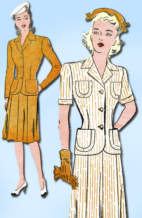 1940s Vintage New York Sewing Pattern 596 Misses' WWII 2 PC Suit Size 14 32 Bust