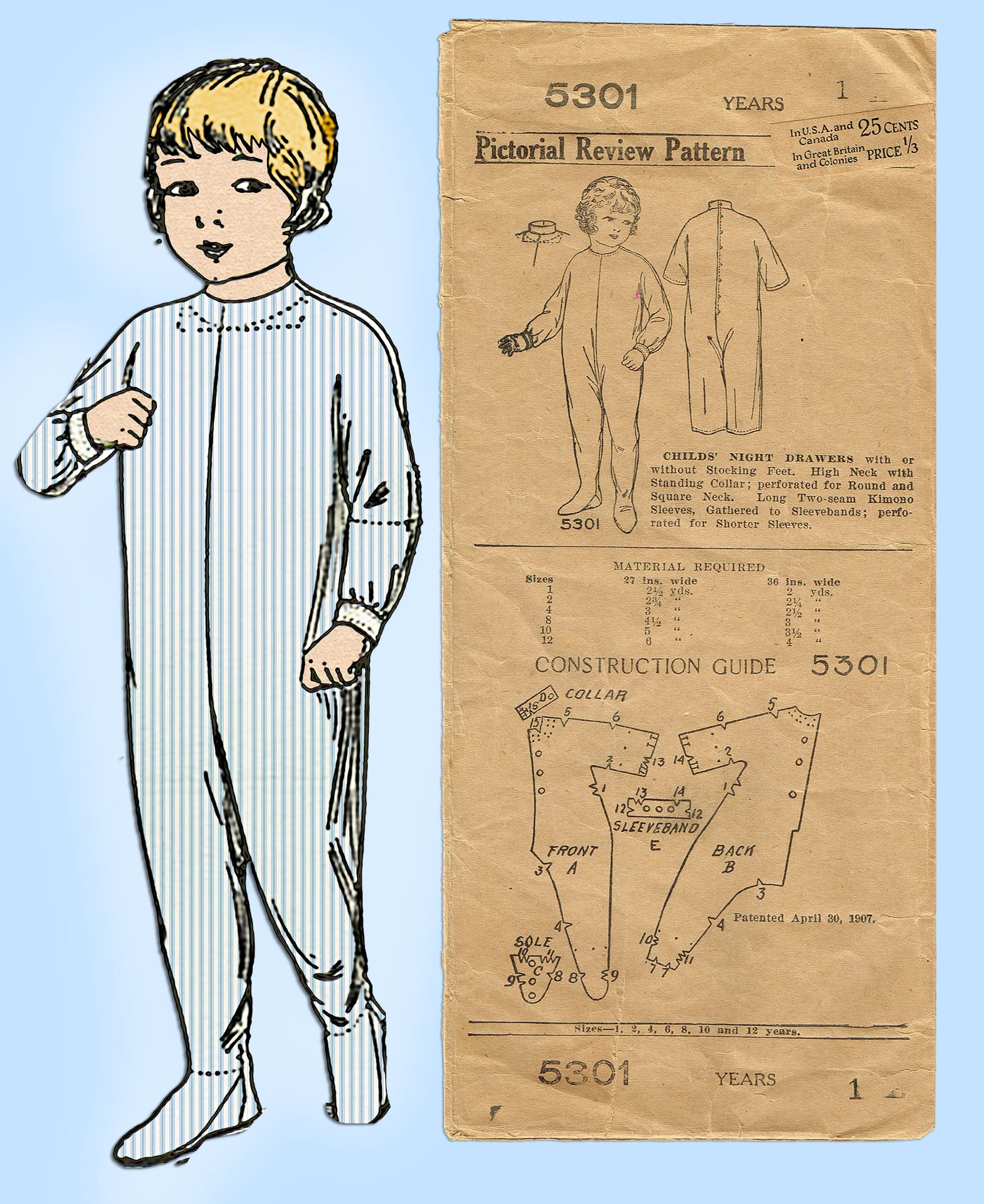 1920s Original Vintage Superior Pattern 5007 Toddler Boys Pajamas