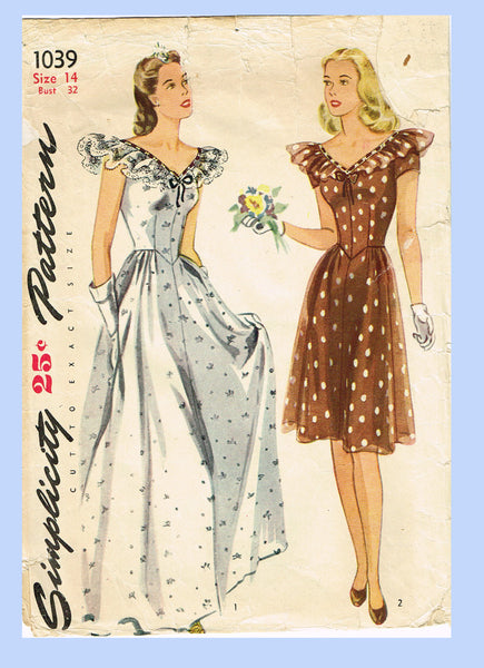 1940s Vintage Simplicity Sewing Pattern 1039 WWII Misses Wedding Dress Sz 32 B