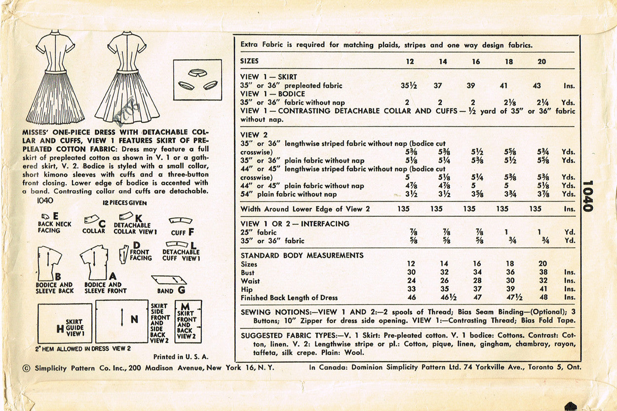 1950s Vintage Simplicity Sewing Pattern 1040 Uncut Misses Dress Sz 34B ...