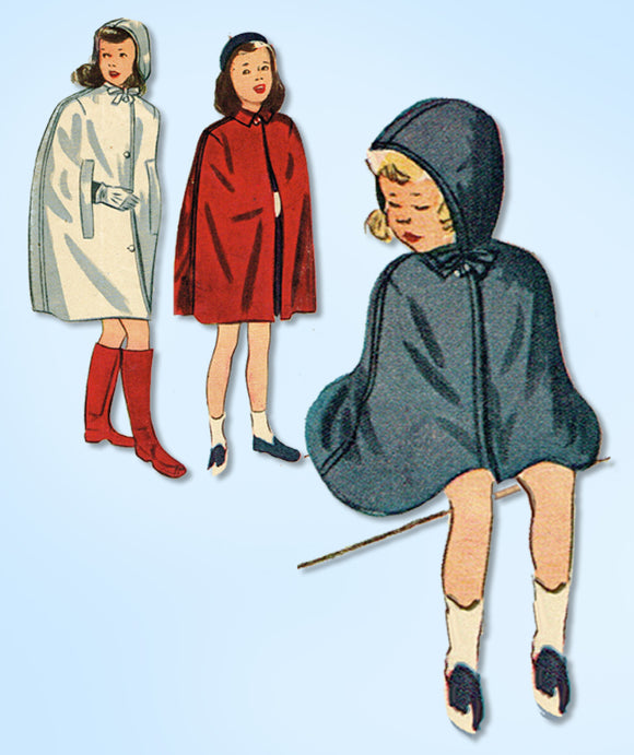 1940s Vintage Simplicity Sewing Pattern 1210 Toddler Girls Hooded Rain Cape Sz 2