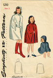 1940s Vintage Simplicity Sewing Pattern 1210 Toddler Girls Hooded Rain Cape Sz 2