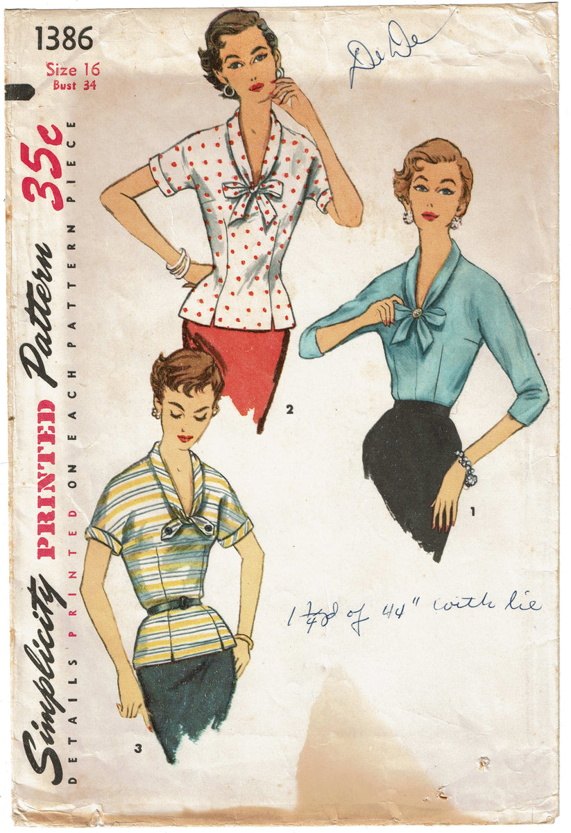 Simplicity 1386: 1950s Stunning Misses Blouse Size 34 B Vintage Sewing ...