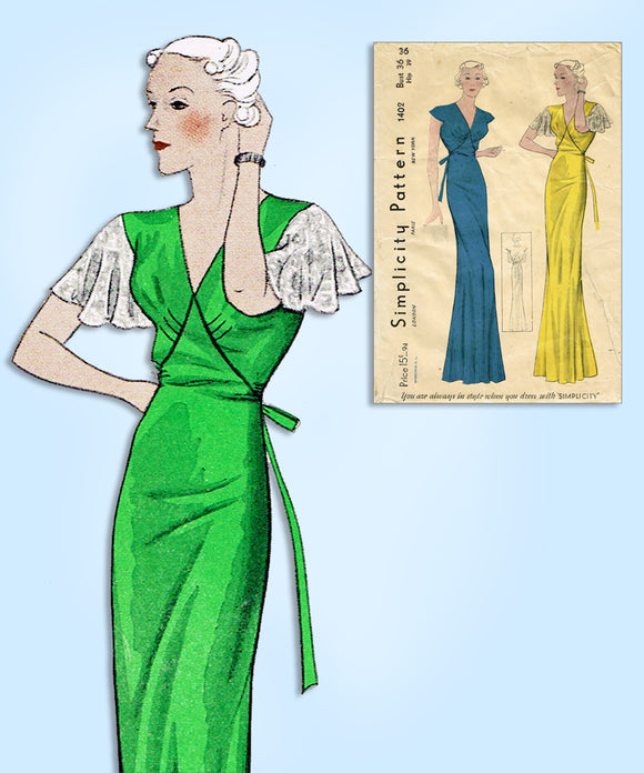 1930s Vintage Simplicity Sewing Pattern 1402 Glamorous Bias Cut Nightgown Sz 36B