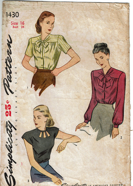 Simplicity 1430: 1940s Stunning WWII Misses Blouse 34 B Vintage Sewing Pattern