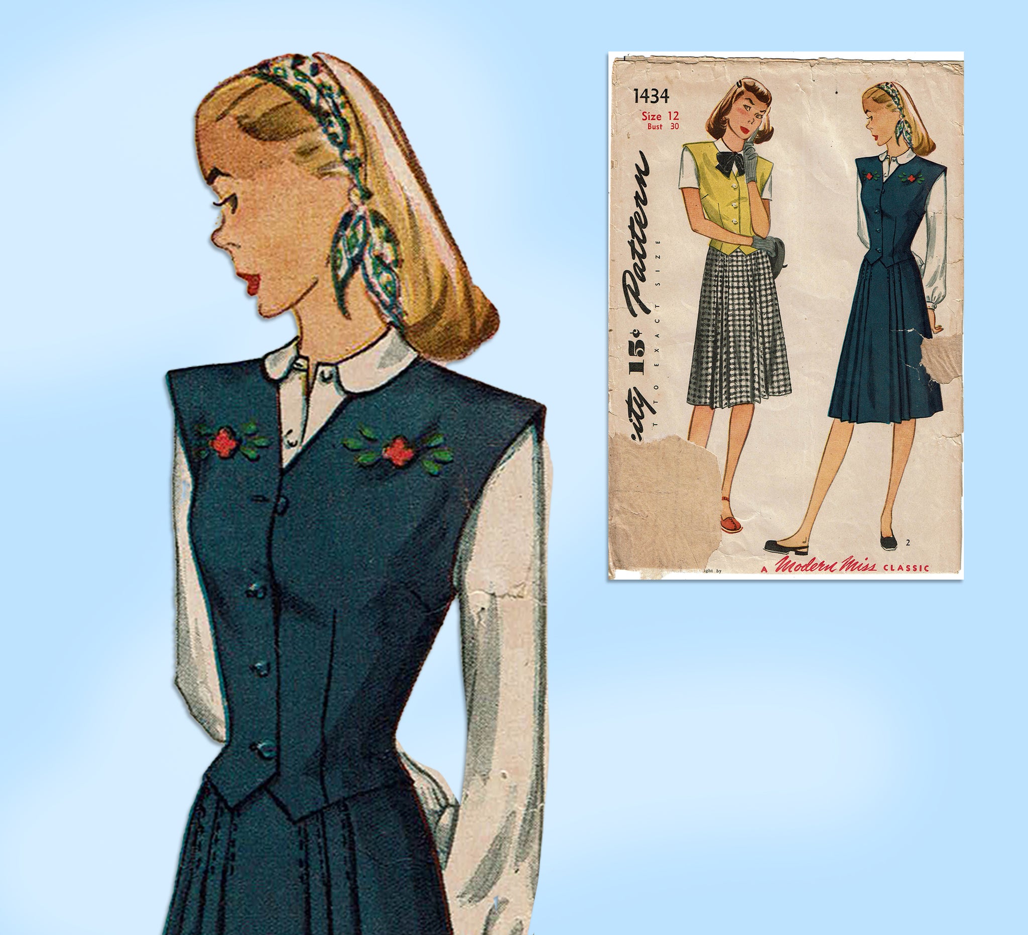 Vintage 1930s Dress Pattern - Simplicity 1444 - Misses' Asymmetrical or popular Bow Blouse and Skirt - Sz 14/Bust 32