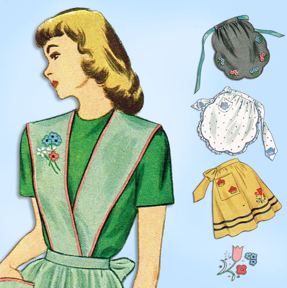 1940s Vintage Simplicity Sewing Pattern 1837 Misses Embroidered Apron Set Sz MED