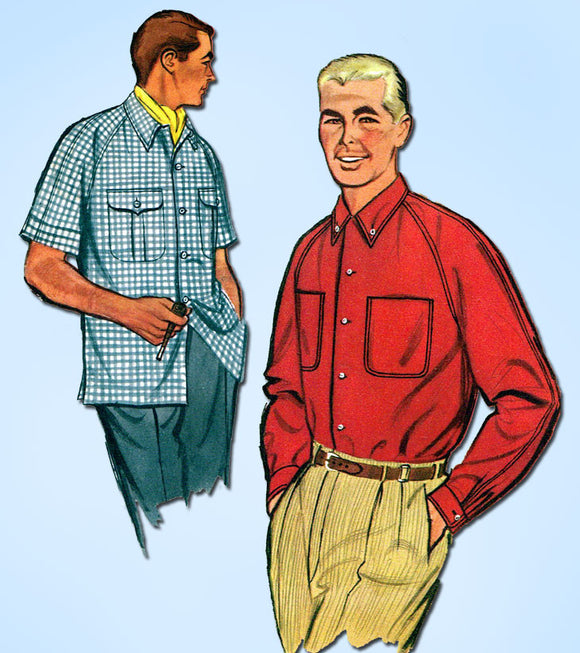 1950s Vintage Simplicity Sewing Pattern 1860 Men's Raglan Shirt Size 38 40 Chest