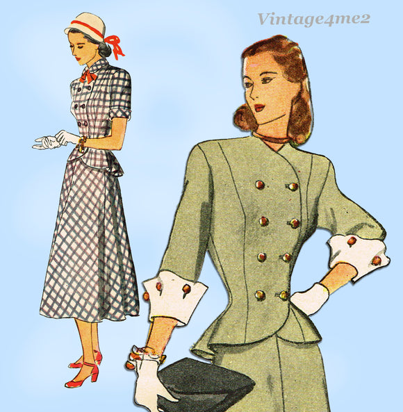 1940s Vintage Simplicity Sewing Pattern 1866 Misses Double Breasted Peplum Suit 32B