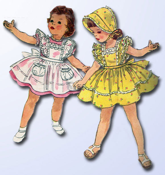 1950s Vintage Toddler Girls Dress & Pinafore 1957 Simplicity Sewing Pattern Sz 2