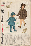 Simplicity 1998: 1940s Uncut Toddler Girls Coat & Hat Sz4 Vintage Sewing Pattern