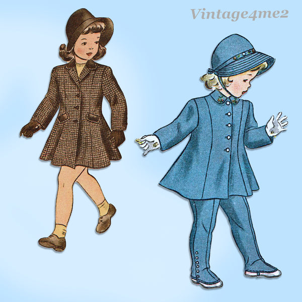 Simplicity 1998: 1940s Uncut Toddler Girls Coat & Hat Sz4 Vintage Sewing Pattern