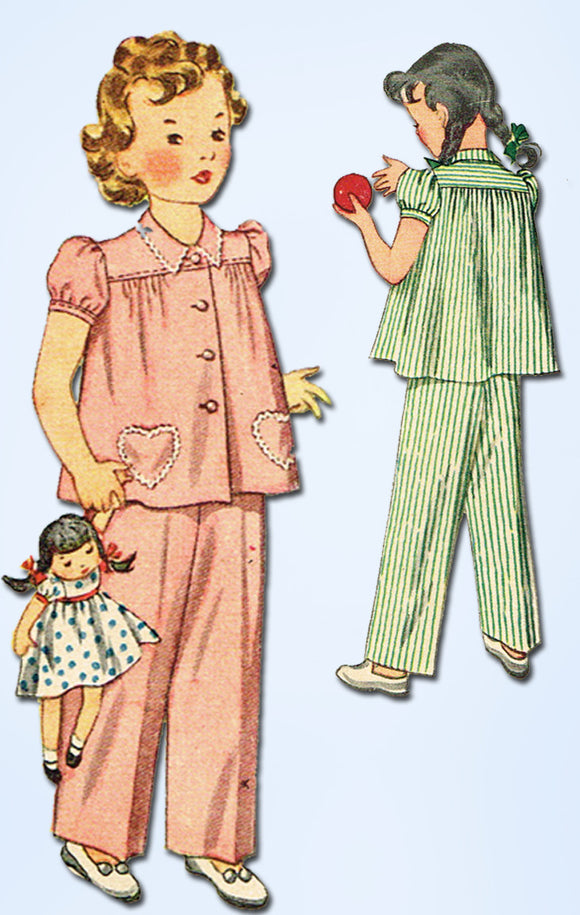 1940s Vintage Simplicity Sewing Pattern 2054 Easy Toddler Girls Pajamas Size 2