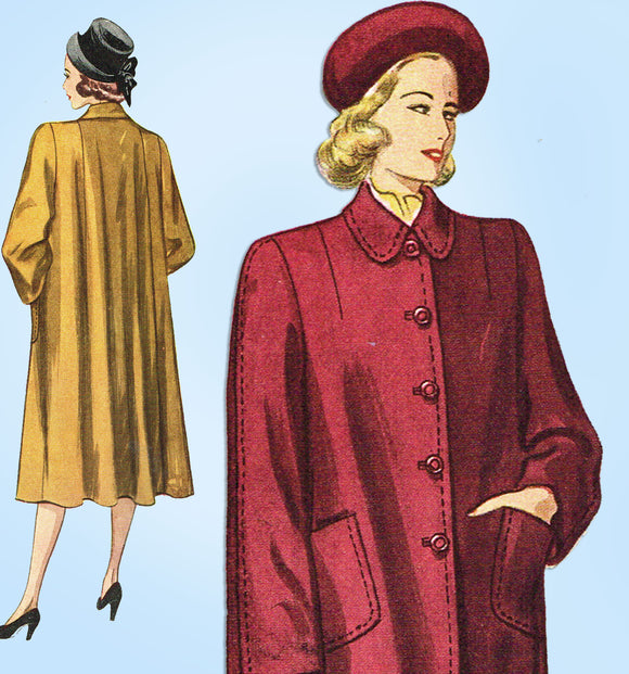 1940s Vintage Simplicity Sewing Pattern 2184 Misses Flared Back Coat Size 35 B - Vintage4me2