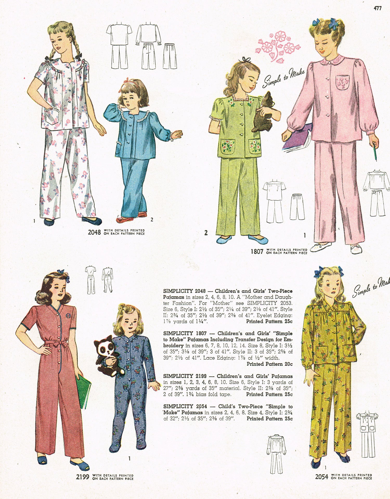 1940s Vintage Simplicity Sewing Pattern 2199 Toddler Girls Pajamas Sz2 –  Vintage4me2