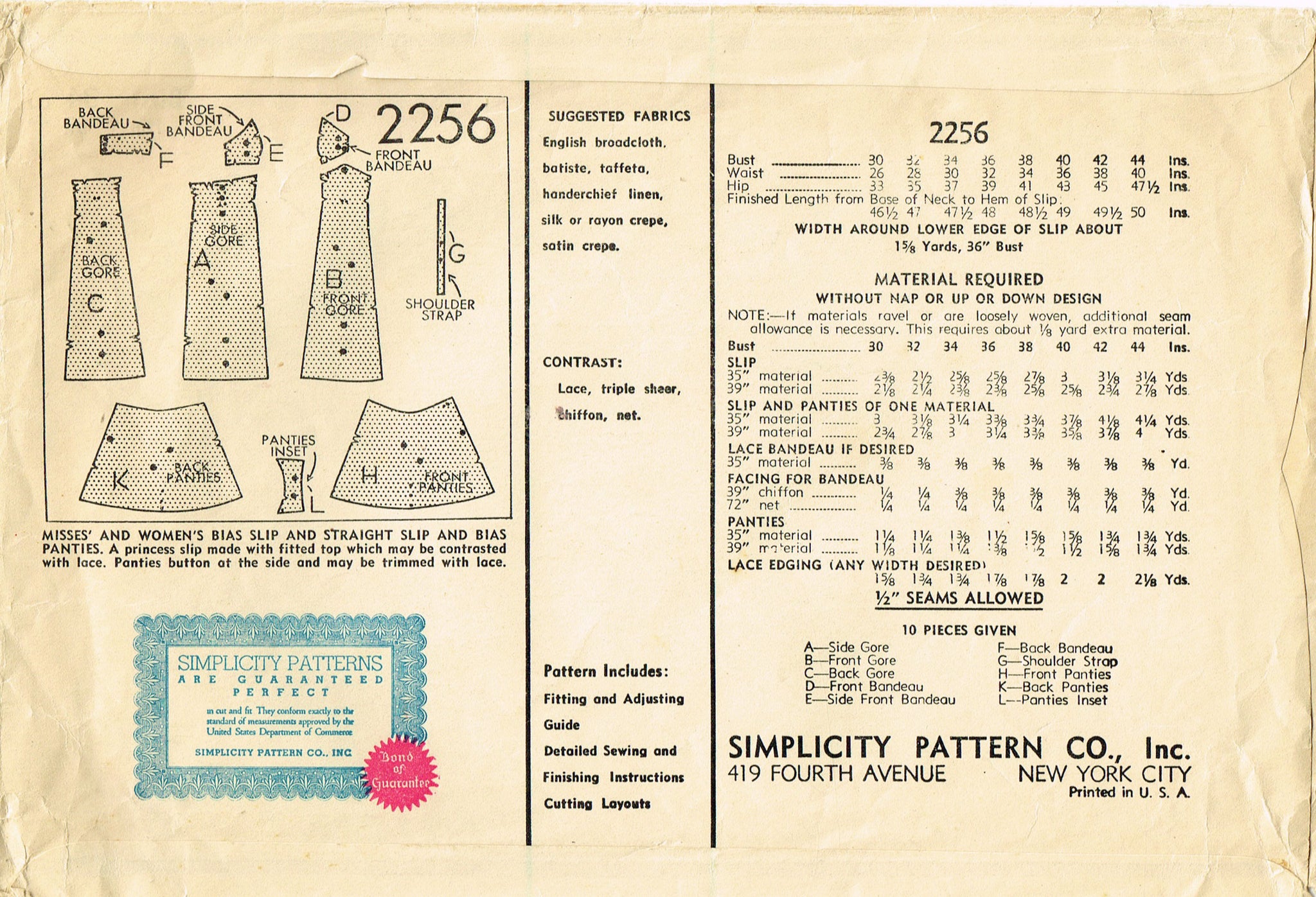 Simplicity 2256: 1930s Misses Bra Top Slip 38B Vintage Sewing Pattern –  Vintage4me2