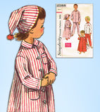 1950s Vintage Simplicity Sewing Pattern 2288 Toddlers Nightshirt Pjs & Cap Sz 2