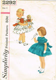 1950s Vintage Simplicity Sewing Pattern 2292 FF Toddler Girls Dress & Doll Sz 4