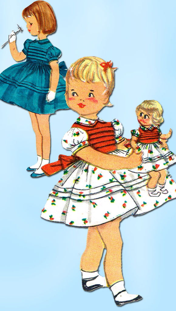 1950s Vintage Simplicity Sewing Pattern 2292 FF Toddler Girls Dress & Doll Sz 4