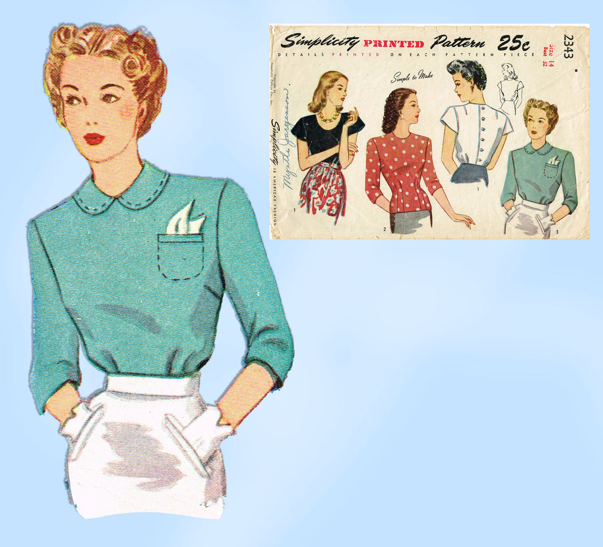 Simplicity 2343: 1940s Misses Back Button Blouse Sz 32 B Vintage Sewin ...