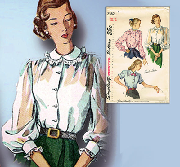 1940s Vintage Simplicity Sewing Pattern 2382 Misses Simple to Make Blouse Sz 34B