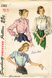 1940s Vintage Simplicity Sewing Pattern 2382 Misses Simple to Make Blouse Sz 34B