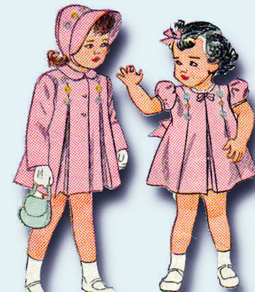 1940s Vintage Simplicity Sewing Pattern 2563 Baby Girls Dress Coat & Bonnet 6mos