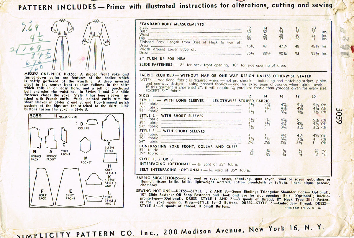 1940s Vintage Simplicity Sewing Pattern 3059 Uncut Misses Dress 30 B ...