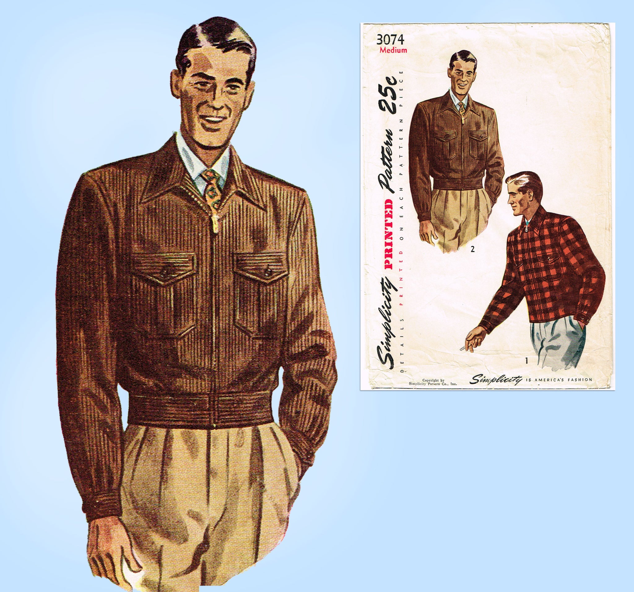 Simplicity 3074: 1940s Men's Lumber Jacket Sz 38-40 C Vintage