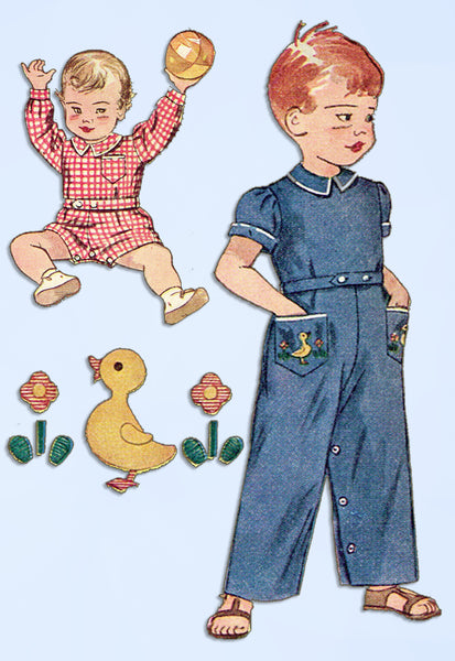 1950s Vintage Simplicity Sewing Pattern 3181 Baby Boys Romper or Coveralls Sz 1 - Vintage4me2